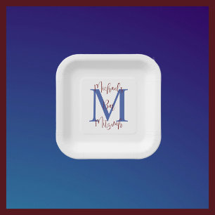 Bar Mitzvah White Blue Burgundy Name Monogram Paper Plate