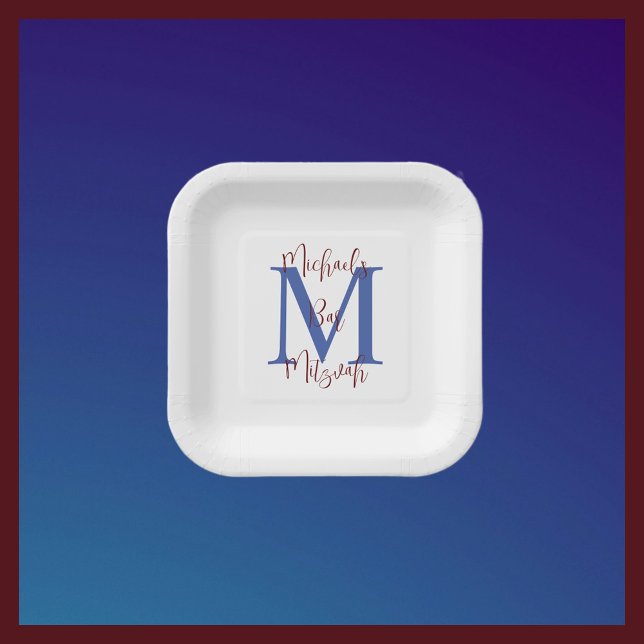 Bar Mitzvah White Blue Burgundy Name Monogram Paper Plate (Creator Uploaded)