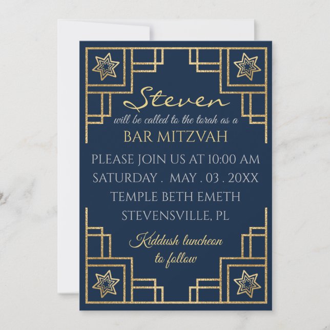 Bar or Bat Mitzvah Blue n Gold Art Deco Invitation (Front)
