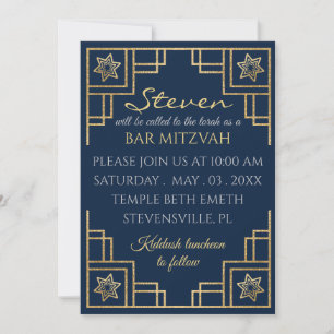Bar or Bat Mitzvah Blue n Gold Art Deco Invitation