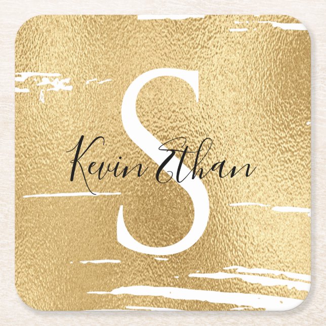 Bar or Bat Mitzvah Elegant Gold Black Square Paper Coaster (Front)