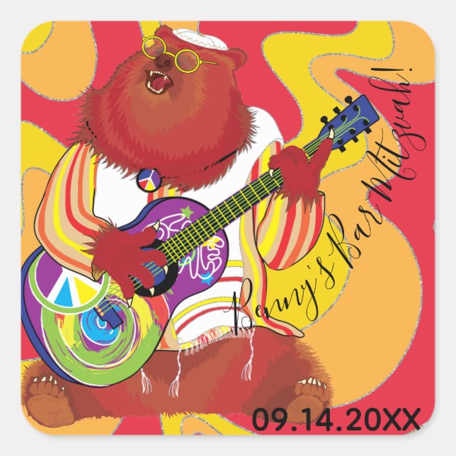 Bar or Bat Mitzvah Sticker Square Singing Bear (Front)