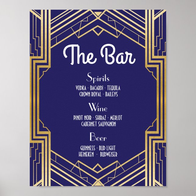 Bar Sign Wedding Reception 1920s Navy Art Deco (Front)