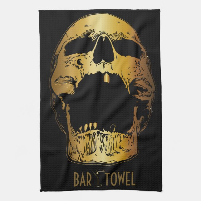 Bar Towel Martini Glass Gold Skull (Vertical)