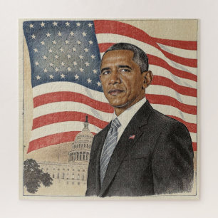 Barack Obama in front of American Flag and Capitol Jigsaw Puzzle
