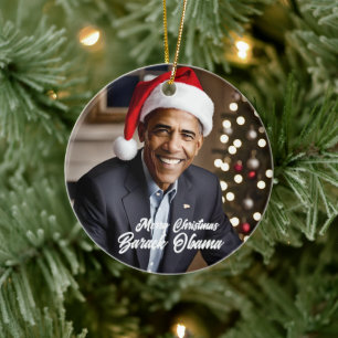 Barack Obama in Santa Hat Christmas Ceramic Tree Decoration