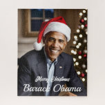 Barack Obama in Santa Hat Christmas Jigsaw Puzzle<br><div class="desc">This artwork has the 44th president of the USA Barack Obama wearing a Santa hat near a decorated tree.</div>