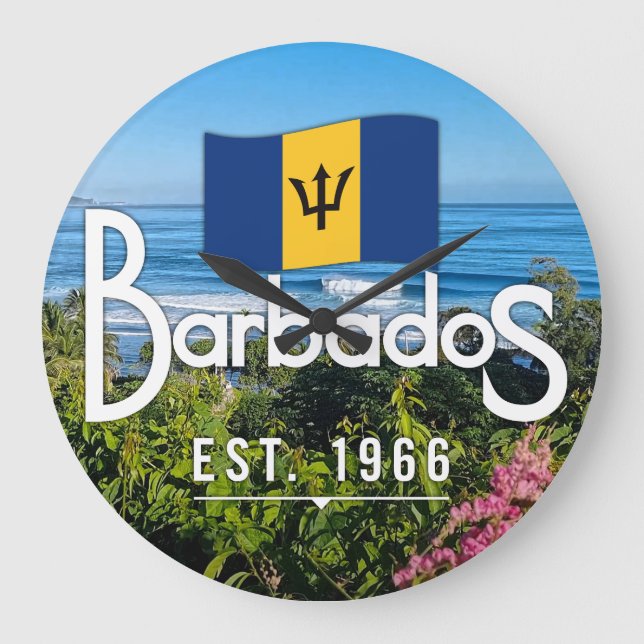 "Barbados Est. 1966" East Coast View With Flag Large Clock (Front)