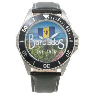 "Barbados Est. 1966" East Coast View With Flag Watch