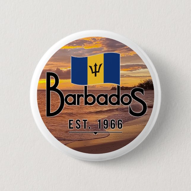 "Barbados Est. 1966" Sunset With Barbados Flag 6 Cm Round Badge (Front)