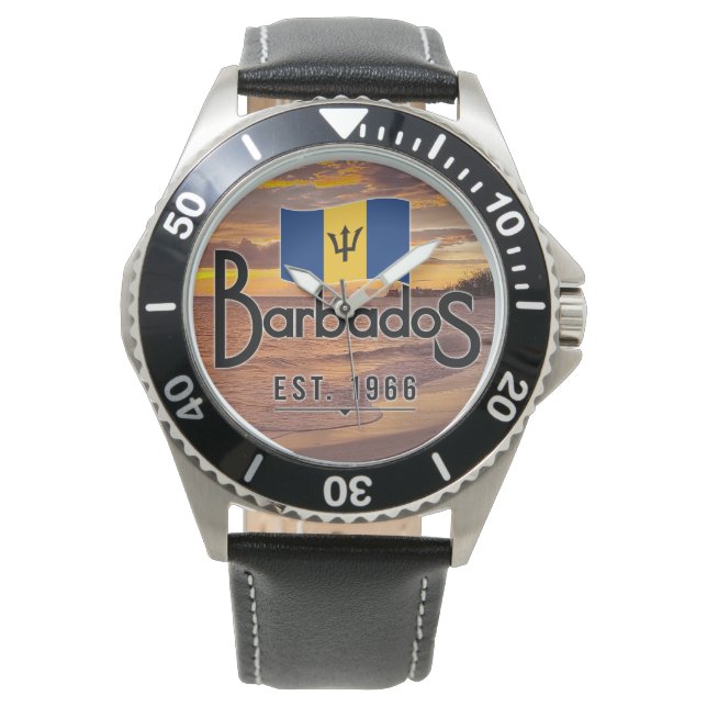 "Barbados Est. 1966" Sunset With Barbados Flag Watch (Front)