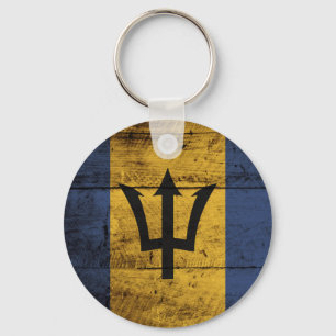 Barbados Flag on Old Wood Grain Key Ring