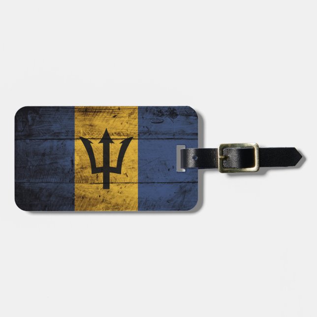 Barbados Flag on Old Wood Grain Luggage Tag (Front Horizontal)