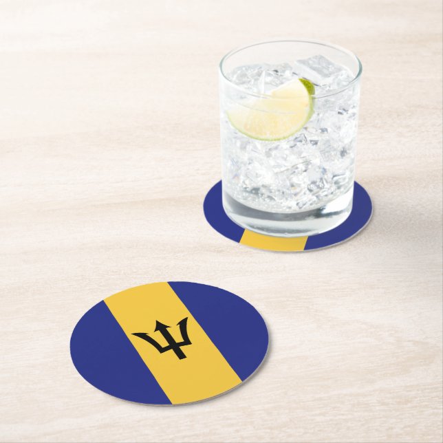 Barbados flag round paper coaster (Insitu)