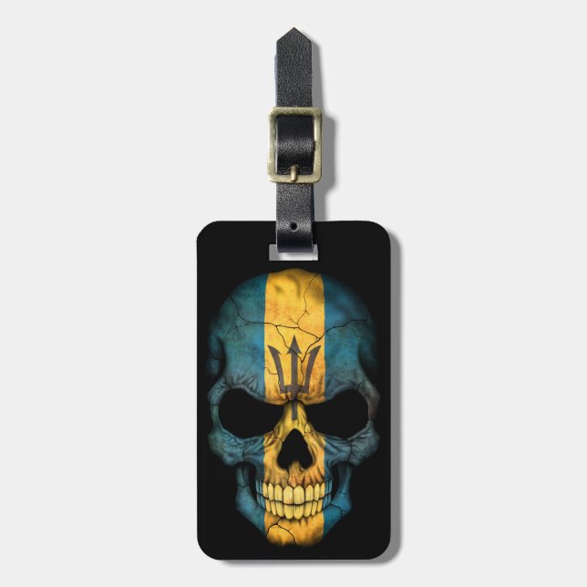 Barbados Flag Skull on Black Luggage Tag (Front Vertical)