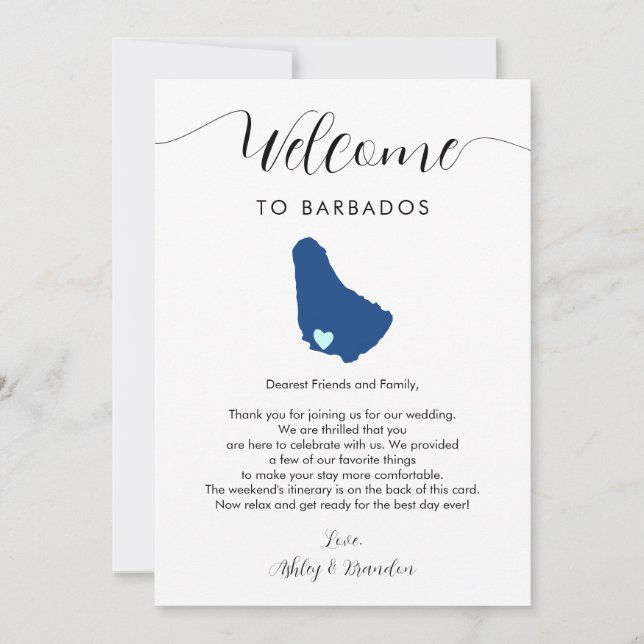 Barbados Map Wedding Welcome Letter Itinerary Card (Front)