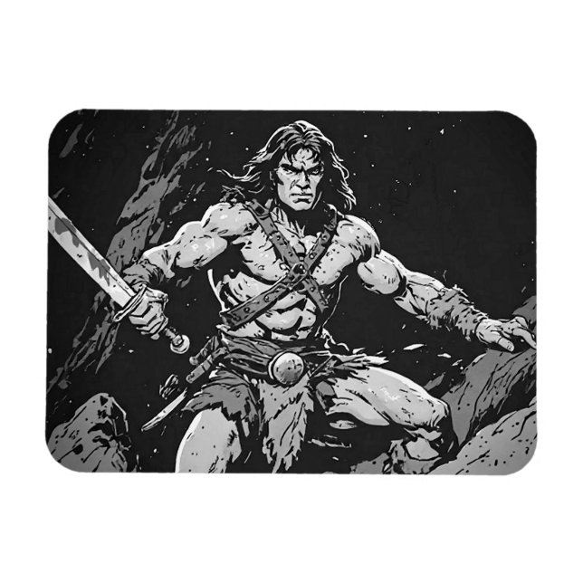 Barbarian With a Broadsword 50s Ink Graphic Style Magnet (Horizontal)