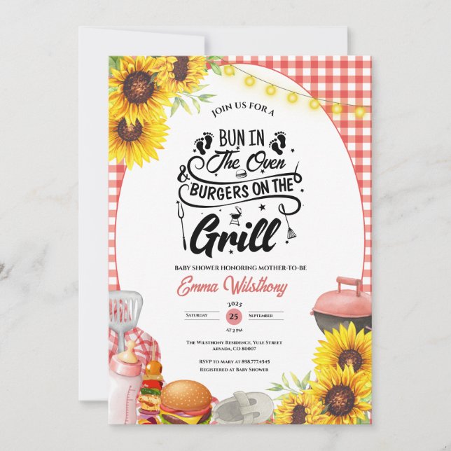 Barbecue Baby-Q Shower Sunflower Plaid BBQ Girl Invitation (Front)