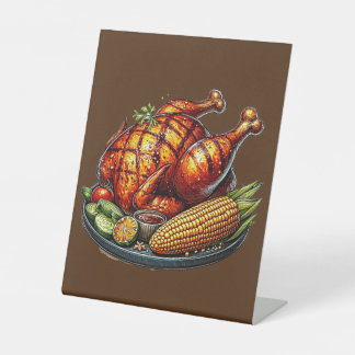 Barbecue chicken with corn illustration pedestal sign