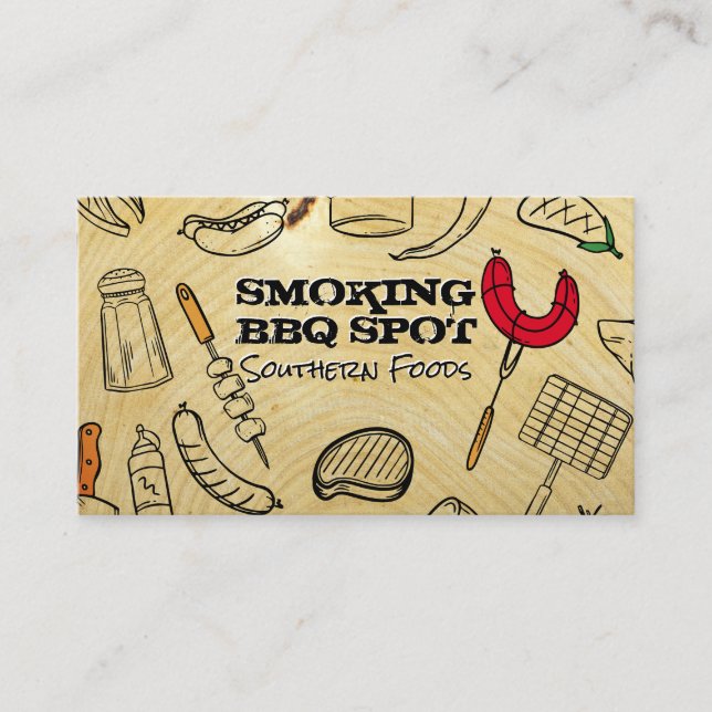 Barbecue Cooking Pattern | Wood Grain Background Business Card (Front)