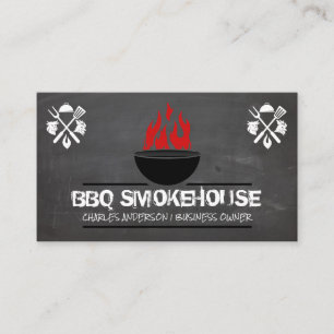 Barbecue Grill and Fire   Chalkboard Wood Business Card