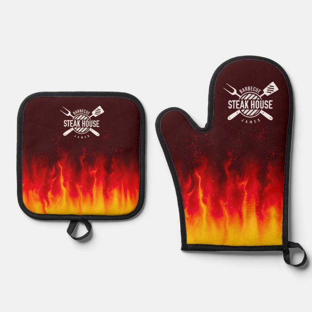 Barbecue Grill Flames — Personalised Steak House Oven Mitt & Pot Holder Set (Front)
