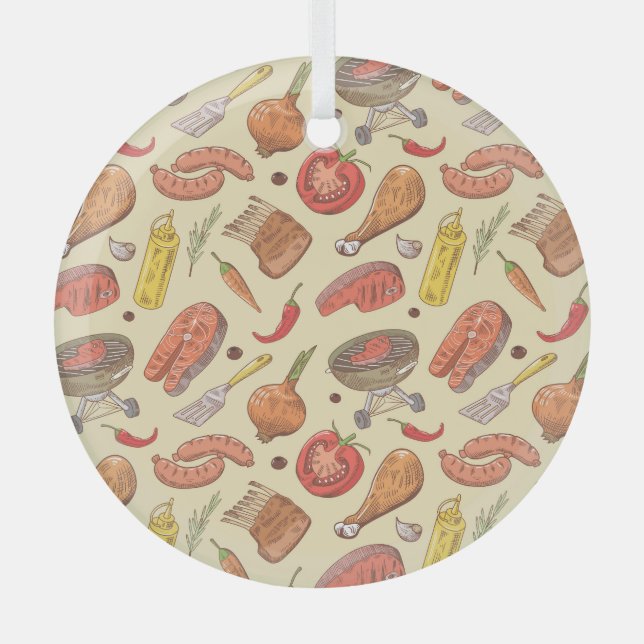 Barbecue, grill, hand-drawn seamless background. glass tree decoration (Front)