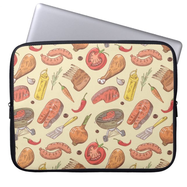 Barbecue, grill, hand-drawn seamless background. laptop sleeve (Front)