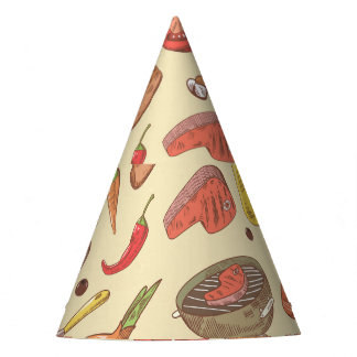 Barbecue, grill, hand-drawn seamless background. party hat