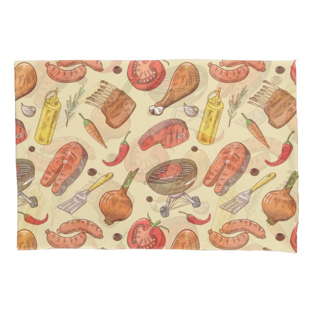 Barbecue, grill, hand-drawn seamless background. pillowcase (Front)