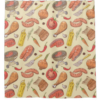 Barbecue, grill, hand-drawn seamless background. shower curtain
