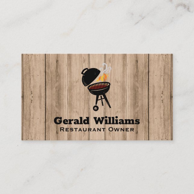 Barbecue Grill Wood Background Business Card (Front)