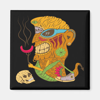 Barbecue Tiki Monster with Sausage and Human Skull Magnet