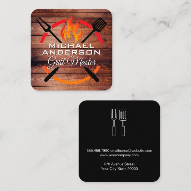 Barbecue Tools | Grill Fire | Wood Square Business Card (Front/Back)
