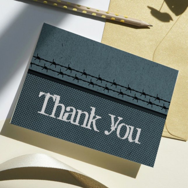 Barbed Wire Fence Biker Thank You Card, Blue (Blue Barbed Wire Fence Biker Wedding Thank You Card)