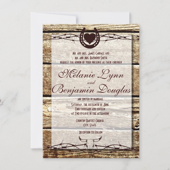 Barbed Wire Horseshoe Rustic Wedding Invitation (Front)