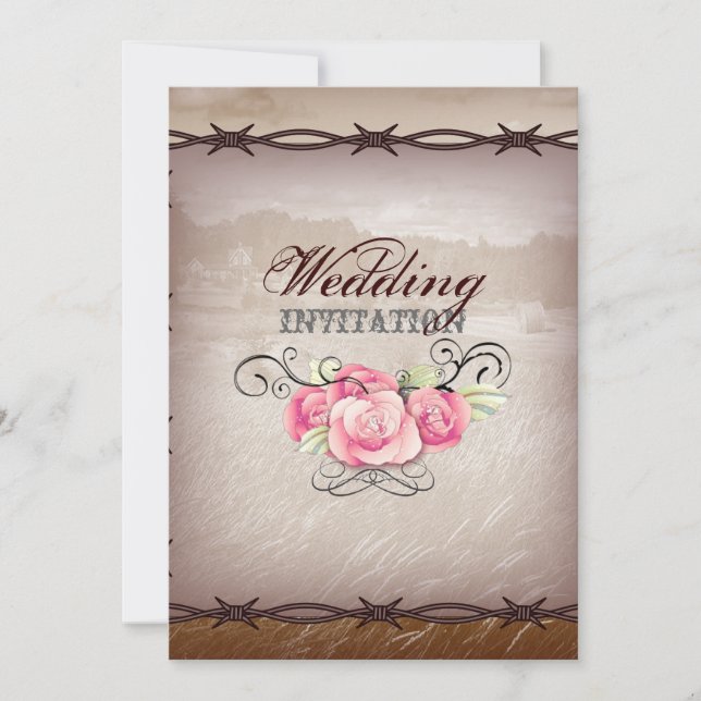barbed wire western country wedding invitation (Front)
