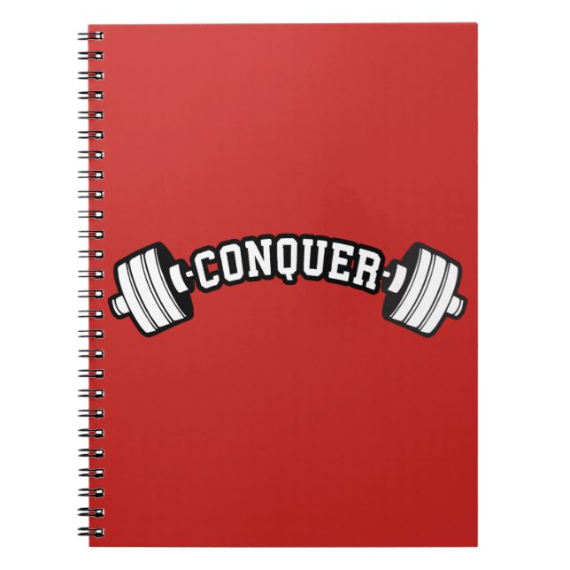 Barbell, CONQUER - Inspirational Weightlifting Gym Notebook (Front)