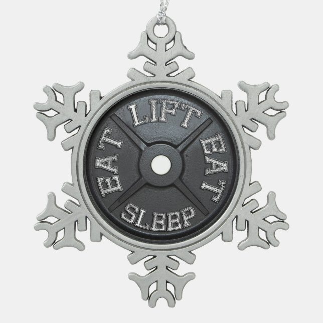 Barbell Plate - Lift, Eat, Sleep Snowflake Pewter Christmas Ornament (Front)