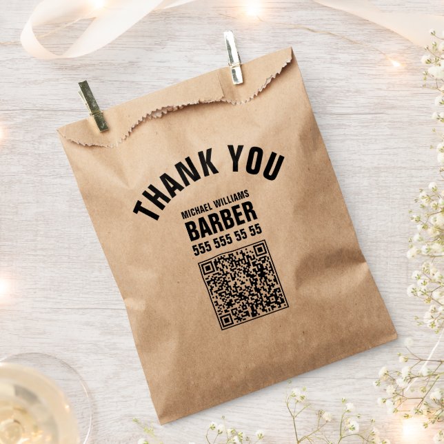 Barber Black Bold Typography QR code Favour Bags (Clipped)