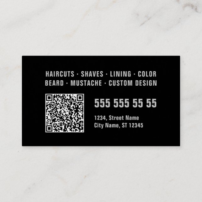 Barber Black Grey Bold Typography QR Code Business Card (Back)