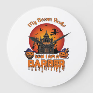 Barber Broom Broke Halloween Pumpkin Clipper Haunt Large Clock