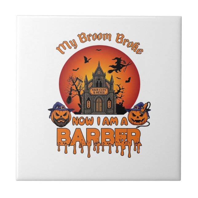 Barber Broom Broke Halloween Pumpkin Clipper Haunt Tile (Front)
