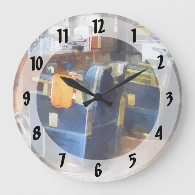 Barber Chair With Orange Barber Cape Large Clock (Front)