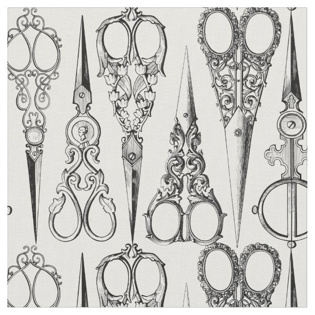 Barber cloth. Vintage scissors. Black white Fabric (Close Up)