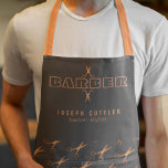 Barber copper scissors pattern barbershop grey apron<br><div class="desc">Personalised barber stylist apron with faux copper bold typography script logo and with the barber's name and title over dark grey scissors patterned background.           Perfect for a professional men salon employee look.</div>