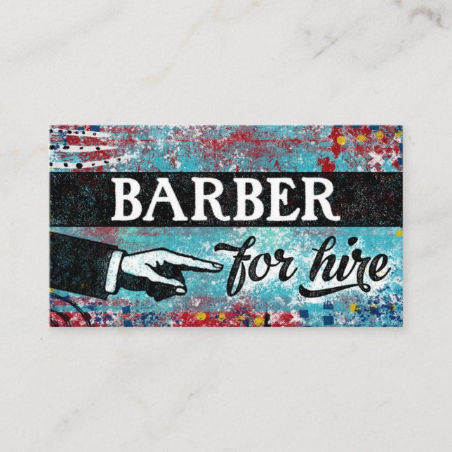 Barber For Hire Business Cards - Blue Red (Front)