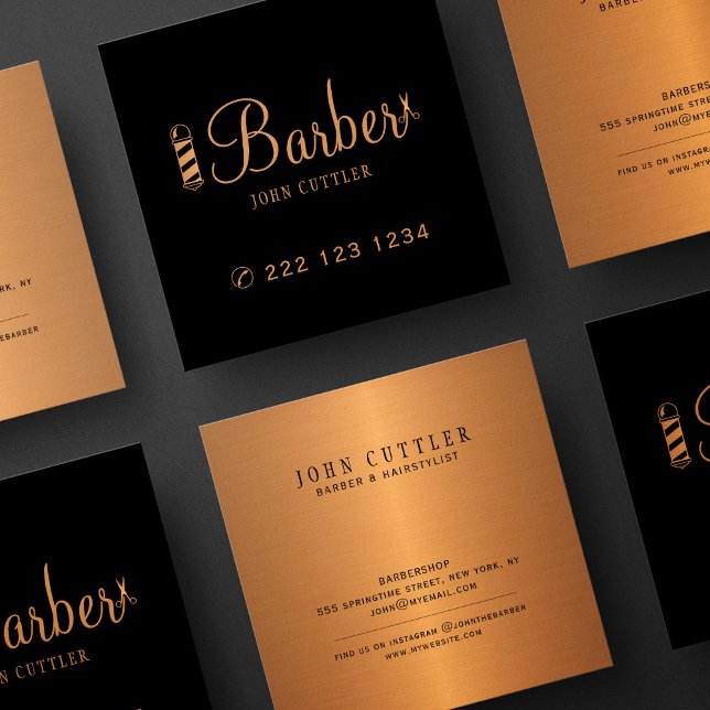 Barber gold scissor pole barbershop promotional square business card (Creator Uploaded)