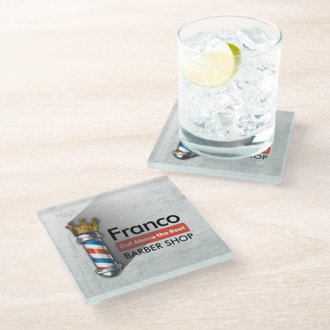 Barber Hair Shop King Crown Barber Pole Hair Salon Glass Coaster (Angled)