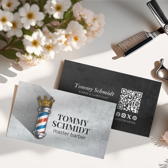 Barber Hair Shop Royal Crown Barber Pole QR Code Business Card (Creator Uploaded)